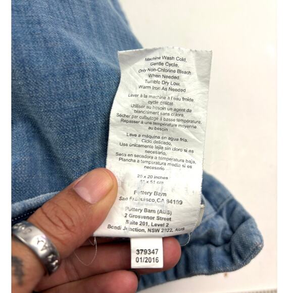 Pottery Barn Blue Denim Decorative Pillow 100% Cotton 20" x 20" Down Feathers - Picture 11 of 11